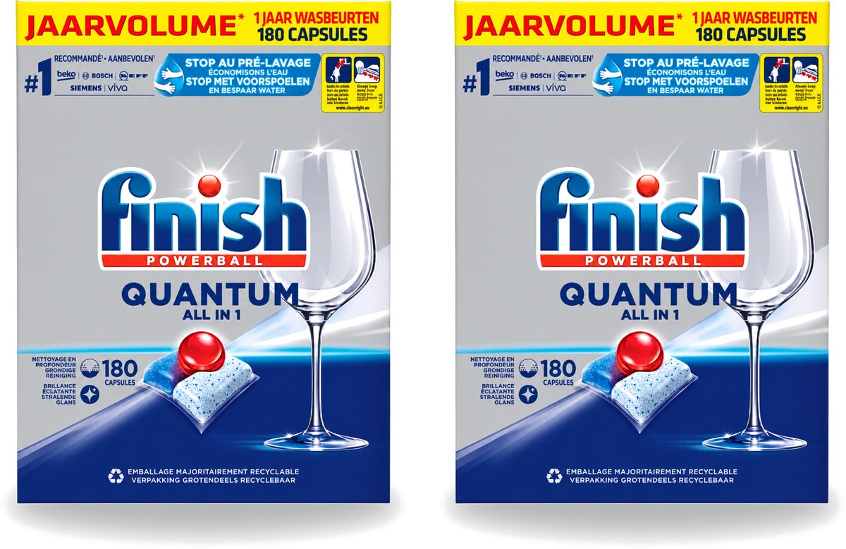 2 x Finish Powerball - Quantum All in 1 - Vaatwastabletten - 180 Tabletten - Voordeelverpakking - 2 stuks