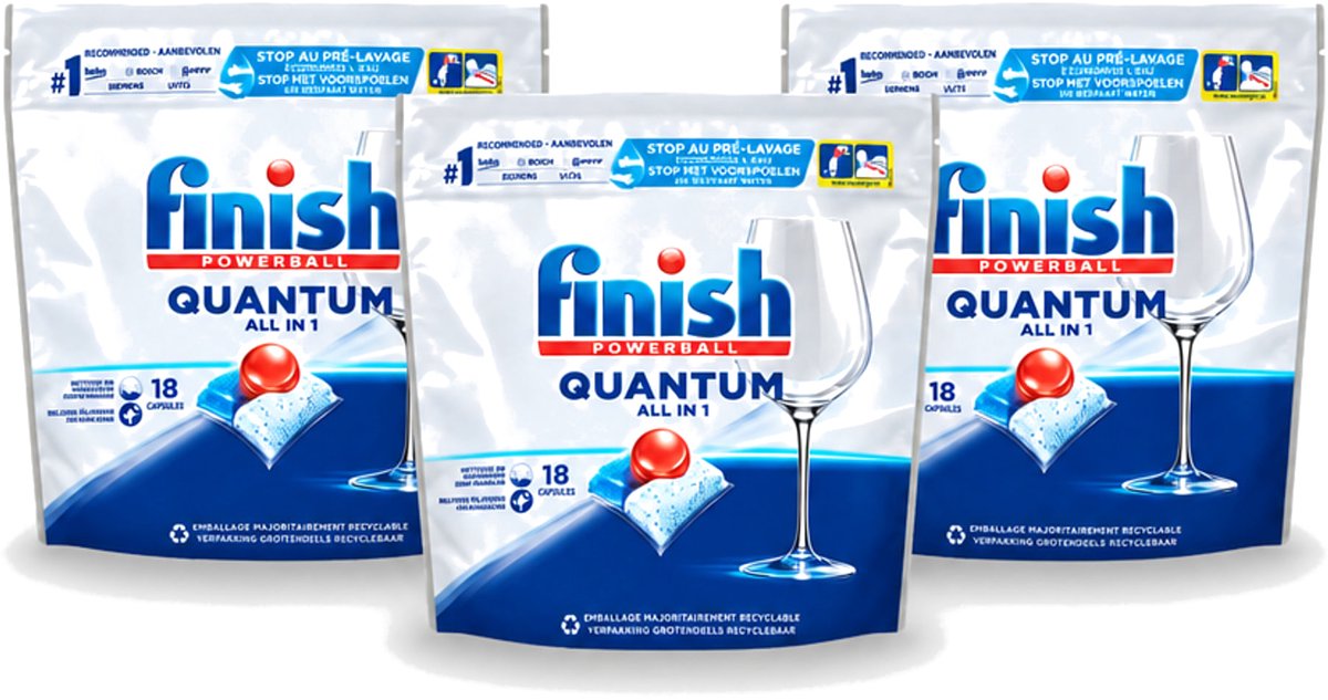 3 x Finish Powerball - Quantum All in 1 - Vaatwastabletten - Stralende Glans - 18 Tabletten - Voordeelverpakking - 3 stuks