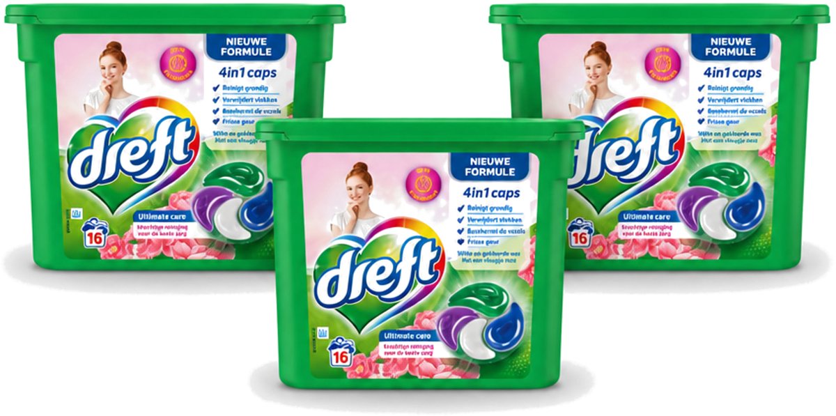 3 x Dreft - Nieuwe Formule - Wasmiddelcapsules 4in1 - Witte en Gekleurde Was - Vleugje Roze - 16 Wasbeurten - Voordeelverpakking - 3 stuks
