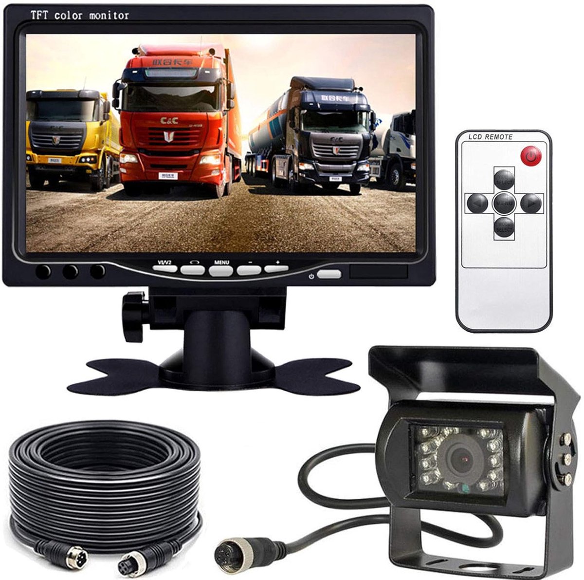 SnelShoppen - Achteruitrijcamera 4-polig met IR-nachtzicht, waterdicht, 18 leds, 15 m kabel & 17,8 cm kleuren TFT-LCD-HD monitor voor camper, bus, vra