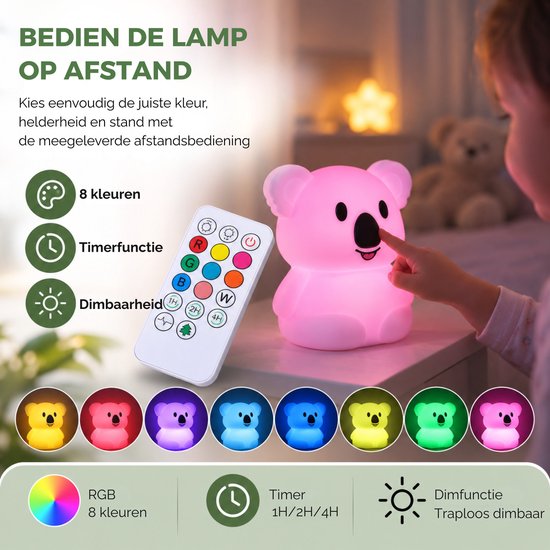 Caryota Nachtlampje Koala - 8 kleuren - Afstandsbediening - Touch Functie - Dimmer - Wasbaar Siliconen - USB-C Oplaadbaar van Merkloos — afbeelding 4