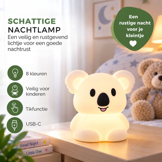 Caryota Nachtlampje Koala - 8 kleuren - Afstandsbediening - Touch Functie - Dimmer - Wasbaar Siliconen - USB-C Oplaadbaar van Merkloos — afbeelding 3