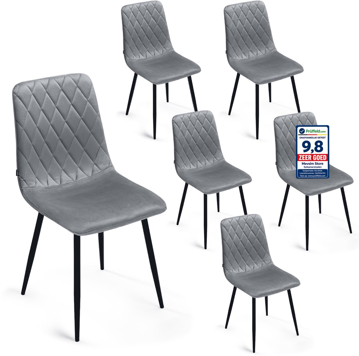 Lina Elisia Velvet Eetkamerstoelen - Grijs - Set van 6 - Stoel