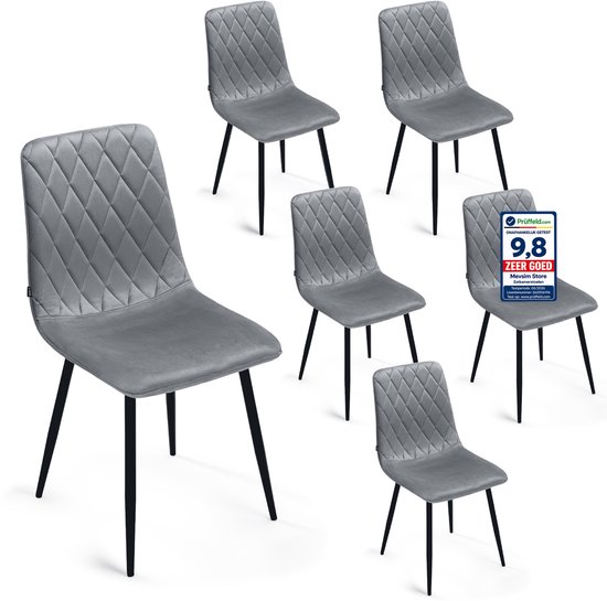 Set van zes grijze Lina Elisia eetkamerstoelen van fluweel met ruitpatroon en zwarte poten. De stoelen hebben een "ZEER GOED" keurmerk van Prüffeld.com.