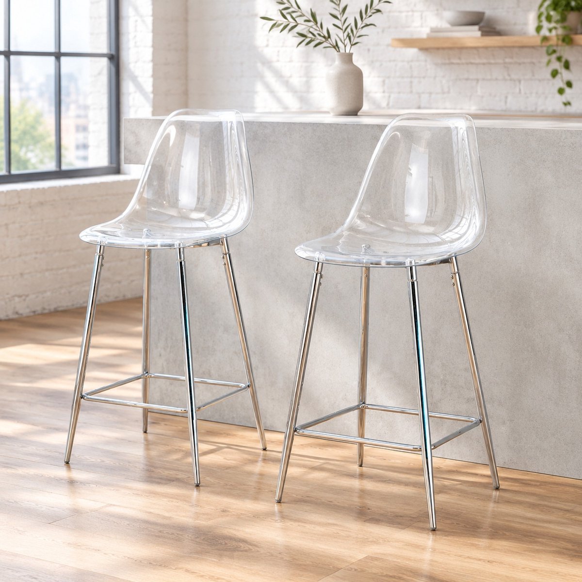 REDOM Barkruk set van 2 - Transparante kunststof zitting - Rugleuning en voetsteun - Metalen onderstel - Zilver - 51 x 45 x 102 cm