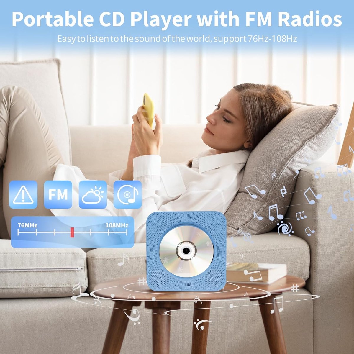 SnelShoppen - Kpop Draagbare Desktop CD Speler met Bluetooth, Wandmontage, Ingebouwde Dual HiFi Speaker, Multifunctioneel met Afstandsbediening (Blauw