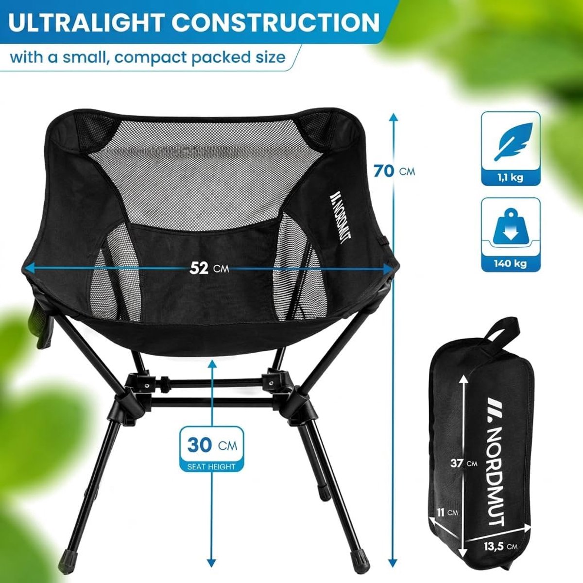 SnelShoppen - Kampeerstoel Ultralicht & Compact - Aluminium Klapstoel voor Buiten - Draagvermogen 150 kg - Ideaal voor Festivals, Camping & Tuin - Zwa