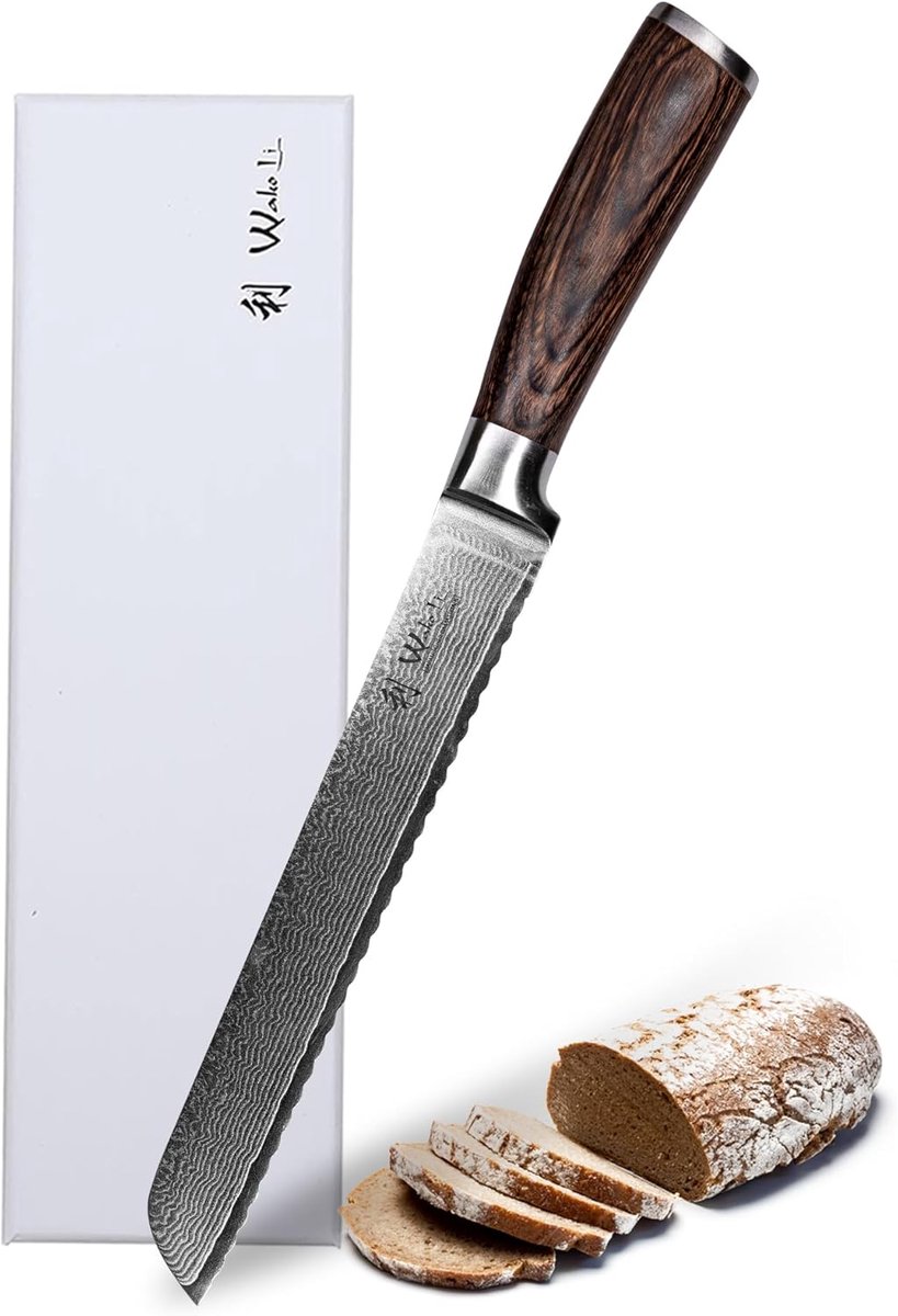SnelShoppen - Professionele Damast Broodmes 20 cm - Zeer Scherp Golf Snede - 67 Lagen VG10 Kern - Pakka Houten Handvat - Keuken Snijgereedschap voor B