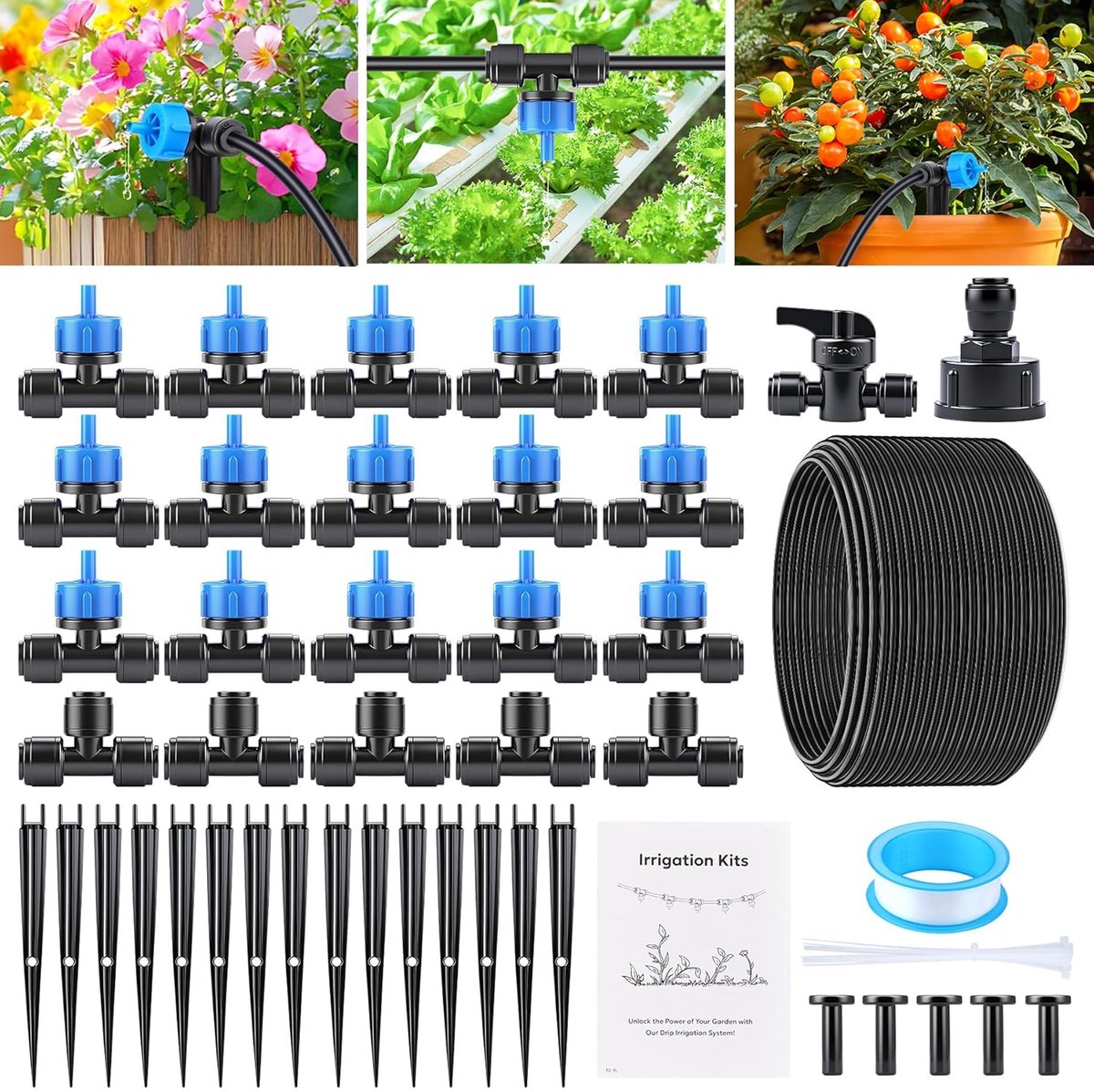 SnelShoppen - Drip Irrigation Kit - Waterbesparend Irrigatiesysteem met 60 Accessoires, 15 Drip Tips en 20m Tuinslang voor Balkon, Tuin, Bloempotten