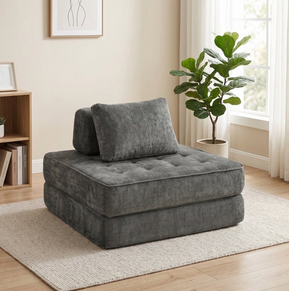 REDOM Fauteuil - 2-in-1 klapfunctie - Zonder frame - Vloerstoel en eenpersoonsbed - Chenille bekleding - Grijs - 194 x 97 x 50 cm