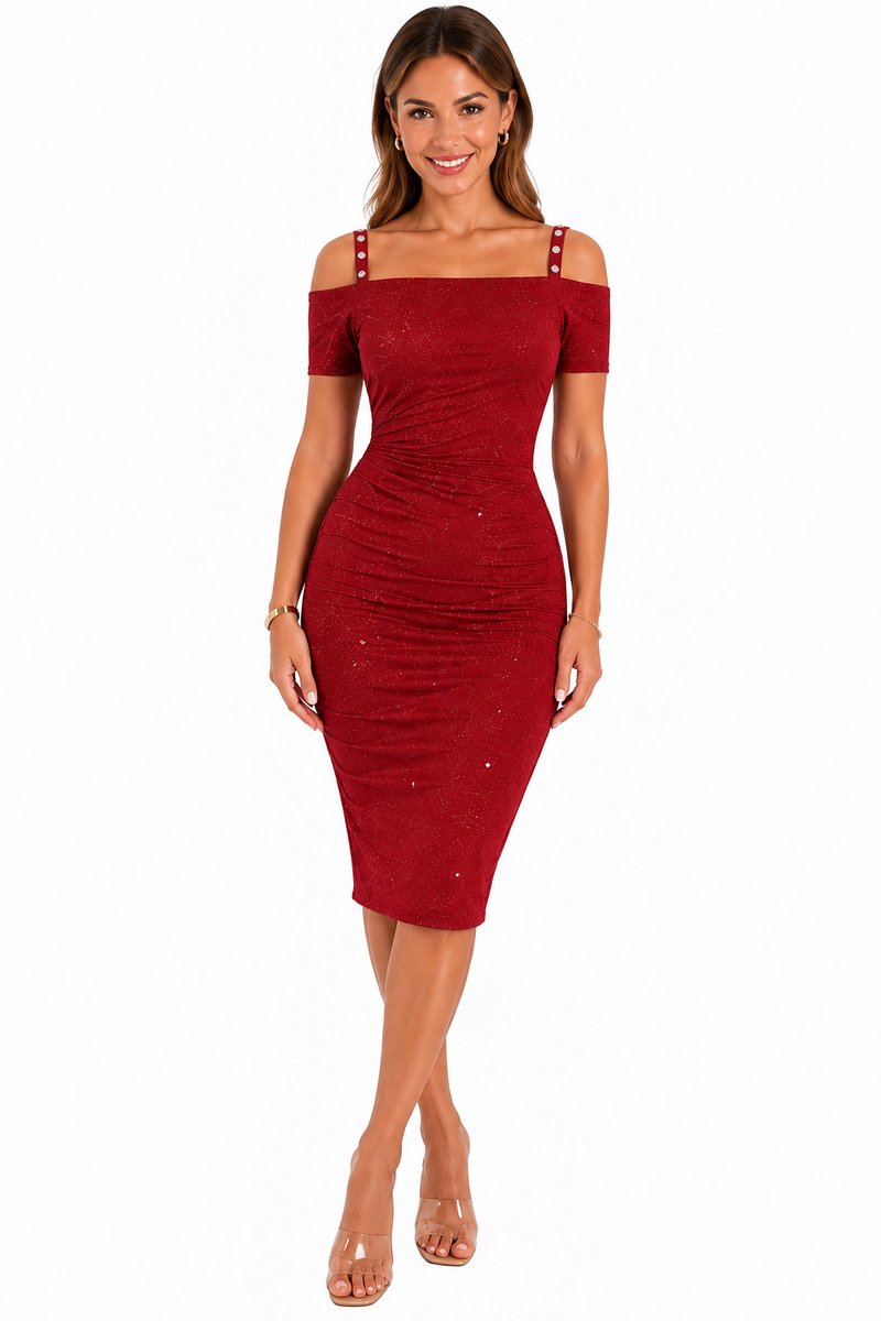 Midi Glitter Jurk - Rood - Half Lang