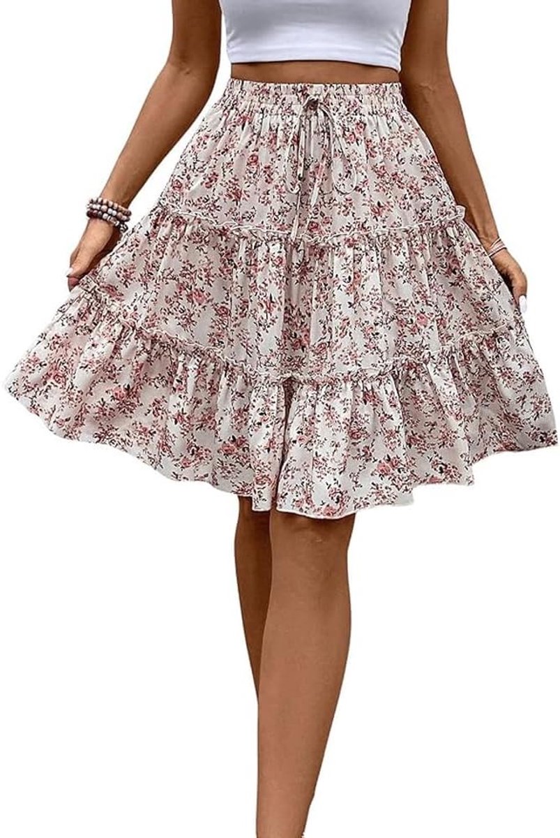 Damesrok met bloemenpatroon, zomer, hoge taille, bohostijl, elegant, chic, mini-kort, elastisch, voor feestjes, strand