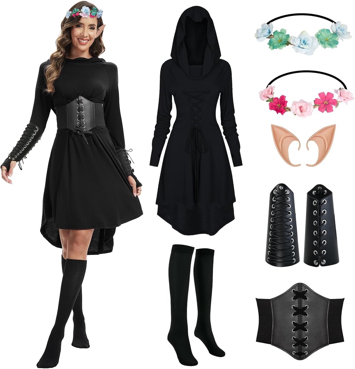 Renaissance-kostuum voor dames, middeleeuwse jurk met capuchon, gothic, cosplay, vintage, Victoriaans voor Halloween, carnaval