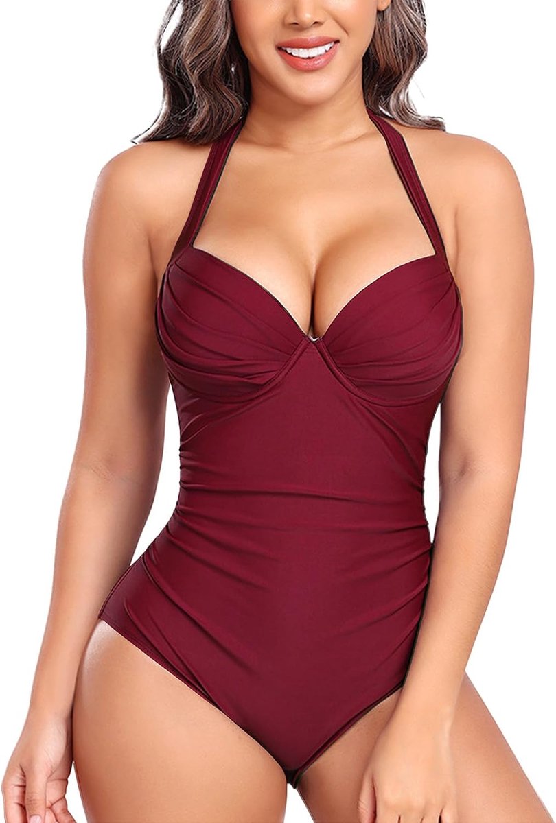 Badpak voor dames, V-hals, push-up, buikcontrole, elegant, eendelig badpak voor dames, blote rug, met plooien