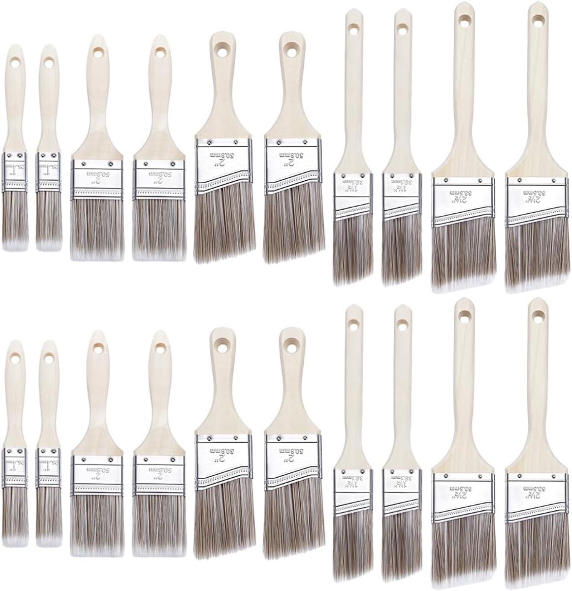 10 stuks huisverfpenselenset (2,54, 5, 08, 3,81, 6,35 cm), professionele set, schuine kwast met houten handvat, voor plinten, muren, latex-, olieverf en lazuurverf