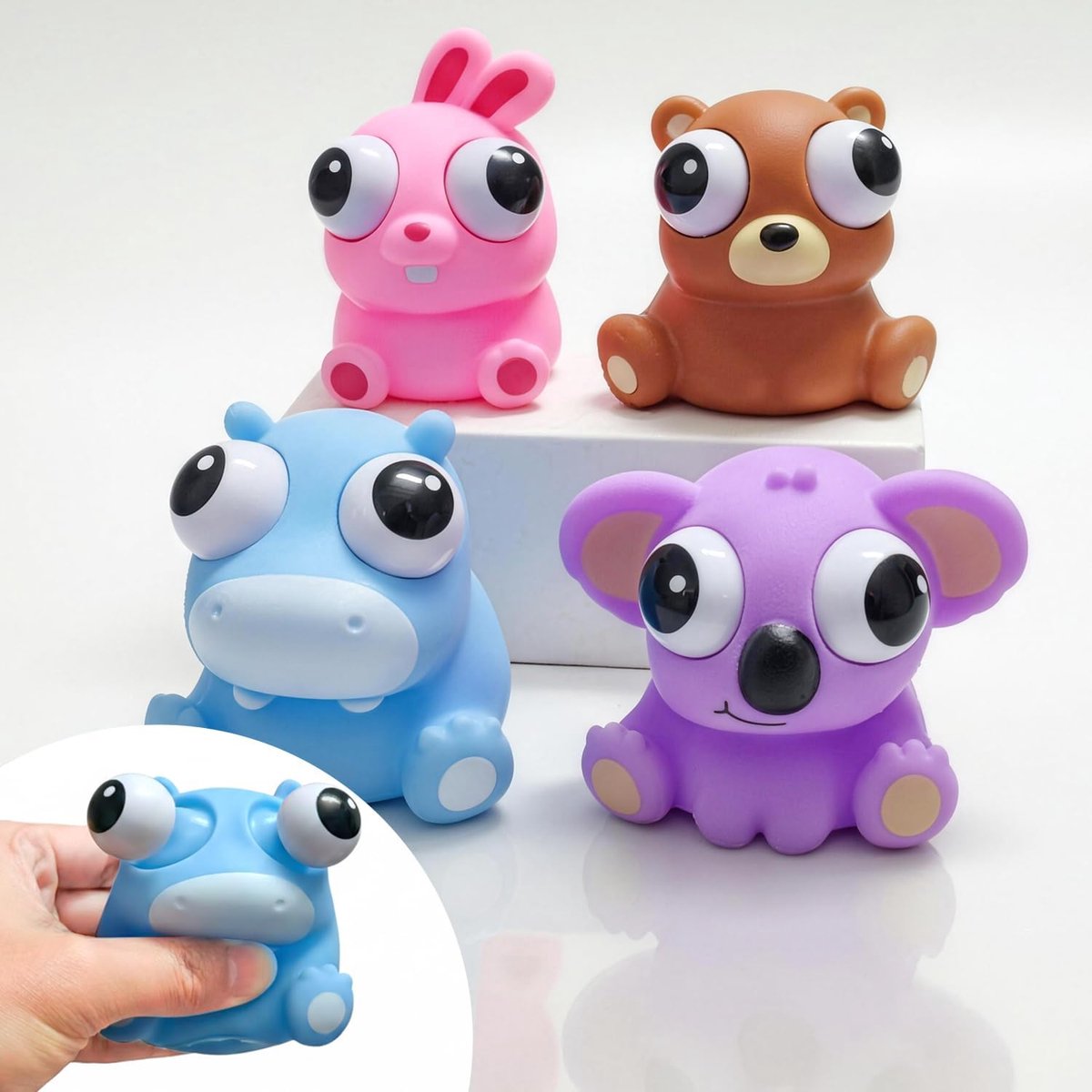 4-delige set: Glubschaugen-knijpdieren – koala, nijlpaard, haas & beer – voor kinderen en volwassenen