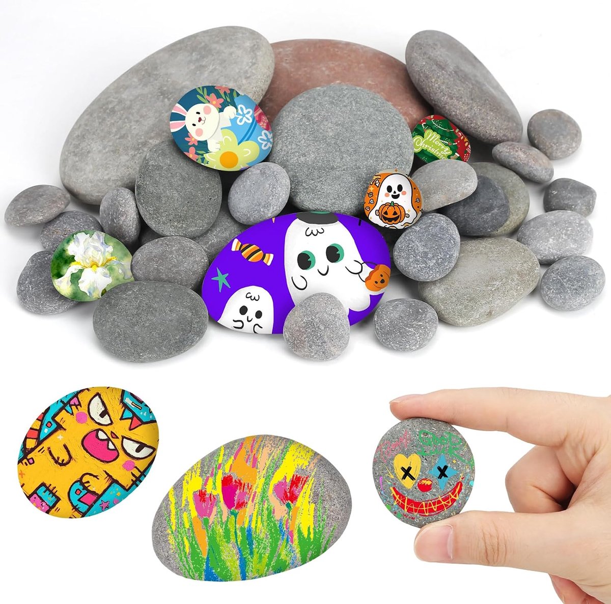 32 stuks 1-12 cm platte stenen om te beschilderen glad grijze kiezelstenen om te beschilderen decoratieve stenen, natuursteen, rivierkiezelsteen voor bloempotten en aquaria, kleurrijk schilderen