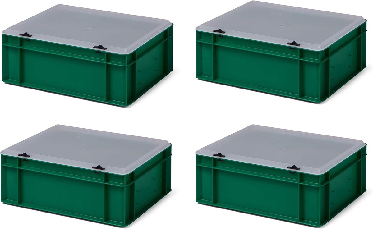 4 stuks TK414-TD, Transportstapelbak groen met transparant afsluitdeksel, 400x300x156/145 mm (LxBxH), volume 13 liter, draagvermogen 35 kg, voedselveilige industriekwaliteit van PP