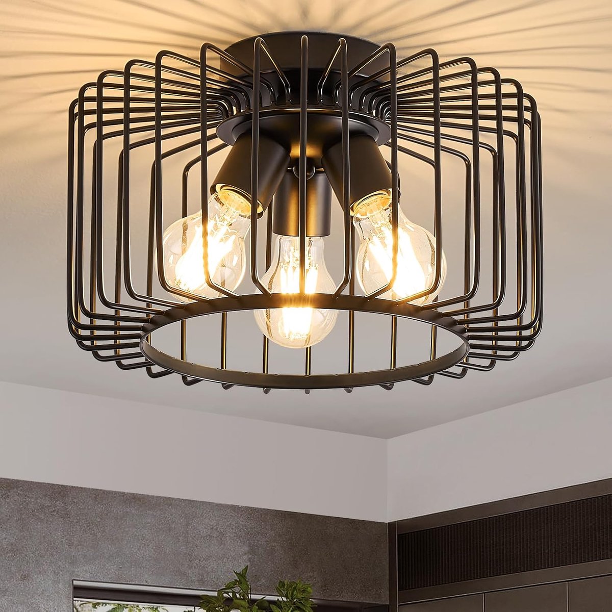 Industriële Plafondlamp, Zwart, Metalen Plafondlamp Met 3 Lampen