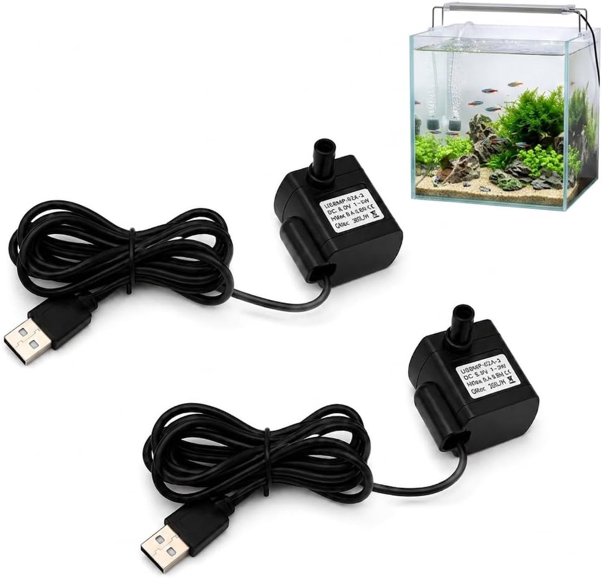 2 stuks, 3 W, 200 l/u, ultrastil, aquariumpomp met USB-kabel, instelbare debiet voor fontein, vijver, hydrocultuur, irrigatiesysteem en waterdispenser voor katten