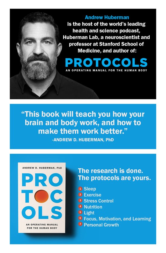 Boekomslag met Andrew Huberman, auteur van PROTOCOLS. Lijst met hoofdstukken: Slaap, Beweging, Stressbeheersing, Voeding, Licht, Focus en Leren, Persoonlijke groei.