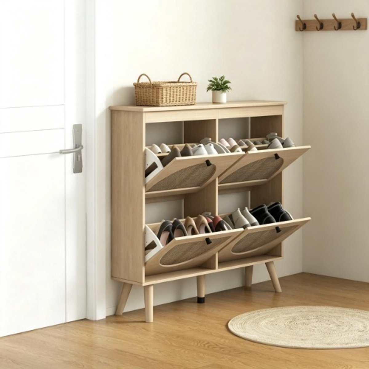 Schoenenkast met 4 Kantelvakken – Voor Max. 20 Paar Schoenen tot EU 43 – Rotanlook Fronten – Smal 105 x 24 x 97,5 cm – Naturel