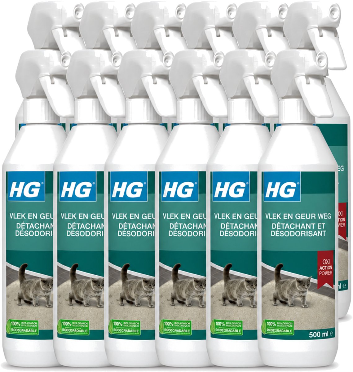 12 x HG - Vlek & Geur Weg - Tegen Kattengeuren- Oxi Action Power - 100% Biologisch - 500 ml - Voordeelverpakking - 12 stuks