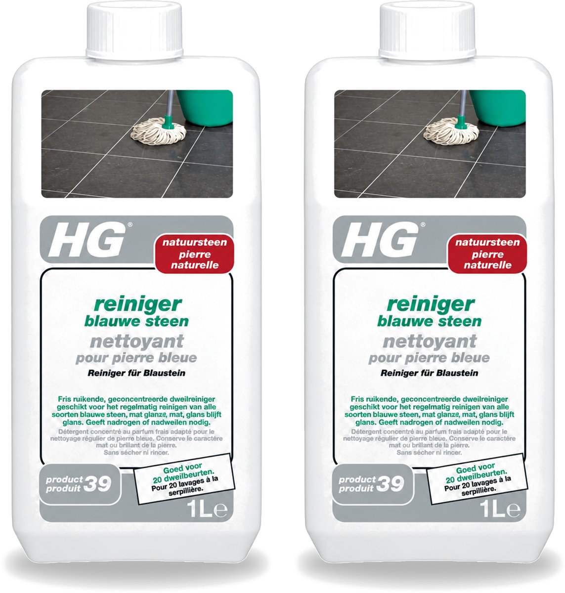 2 x HG - Blauwe Steen Reiniger - Reinigt Veilig & Streeploos - 20 Dweilbeurten - 1L - Voordeelverpakking - 2 stuks