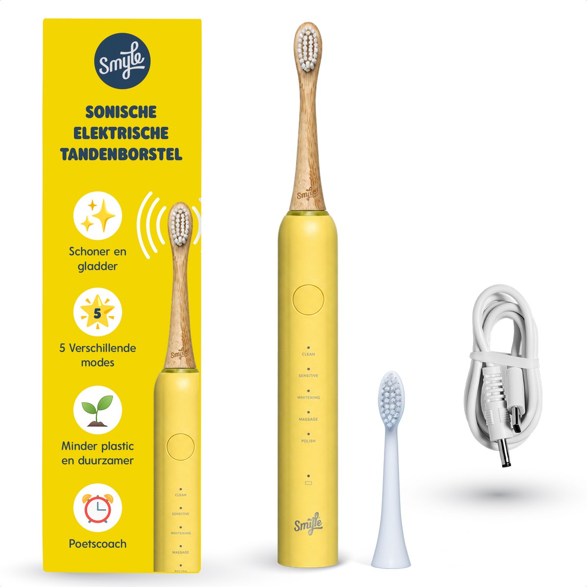 Smyle Tandenborstel – Sonische elektrische tandenborstel met druksensor – Elektrische tandenborstel met 4 maanden batterijduur, 40.000 trillingen/min, 5 standen, timer, USB-C, 2 opzetborstels, waterdicht – Mellow Yellow