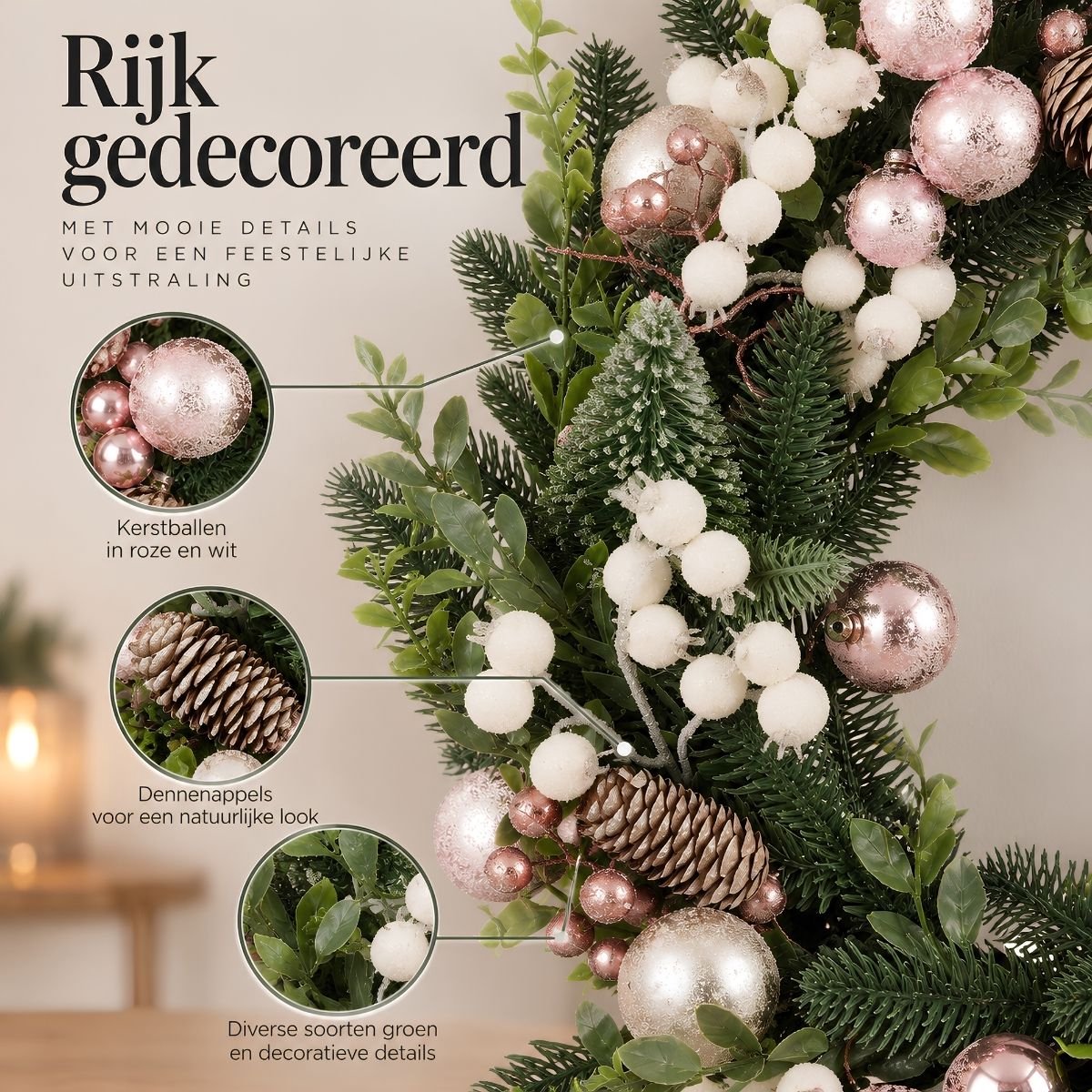 Mica Decorations Rosalie Kerstkrans Roze met Groene Dennentakken - Kerstkrans met Roze en Witte Kerstballen - Decoratieve Krans voor Deur, Muur of Tafel - H11 x Ø50 cm – foto 6