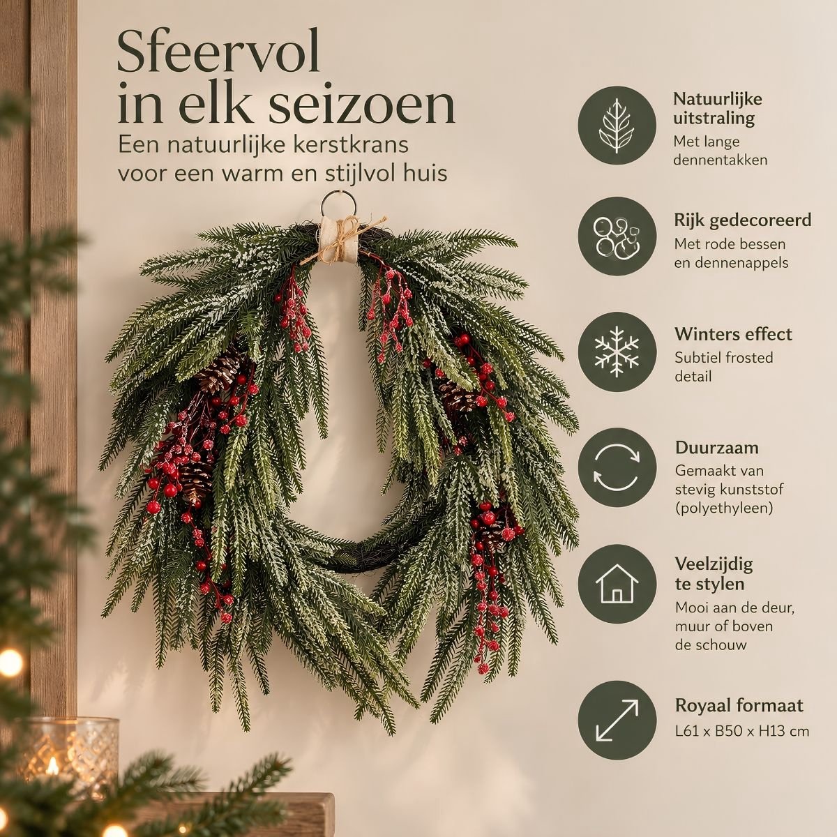 Mica Decorations Krans Dennenappel Groen - Kerstkrans met Rode Bessen en Dennenappels - Decoratieve Deurkrans voor Kerst - Gemaakt van Stevig Polyethyleen - 61 x 50 x 13 cm – foto 2