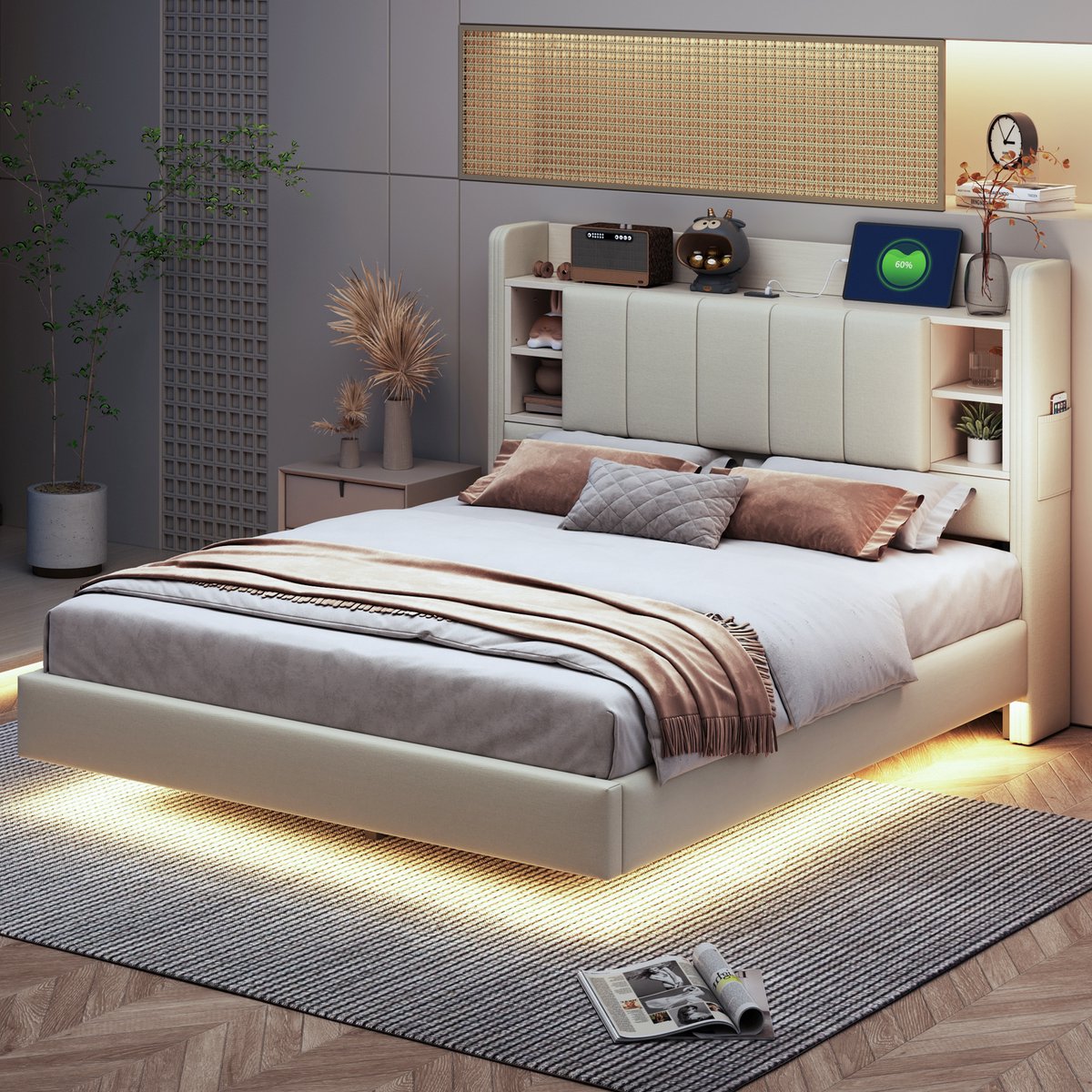WUVRIE Gestoffeerd bed 140x200 cm met USB, LED-lichtstrip, opberghoofdbord en metalen frame, beige