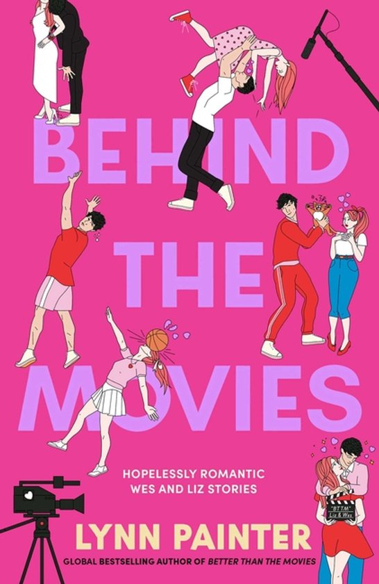Boekomslag "Behind the Movies" met illustraties van koppels en filmapparatuur op een roze achtergrond.