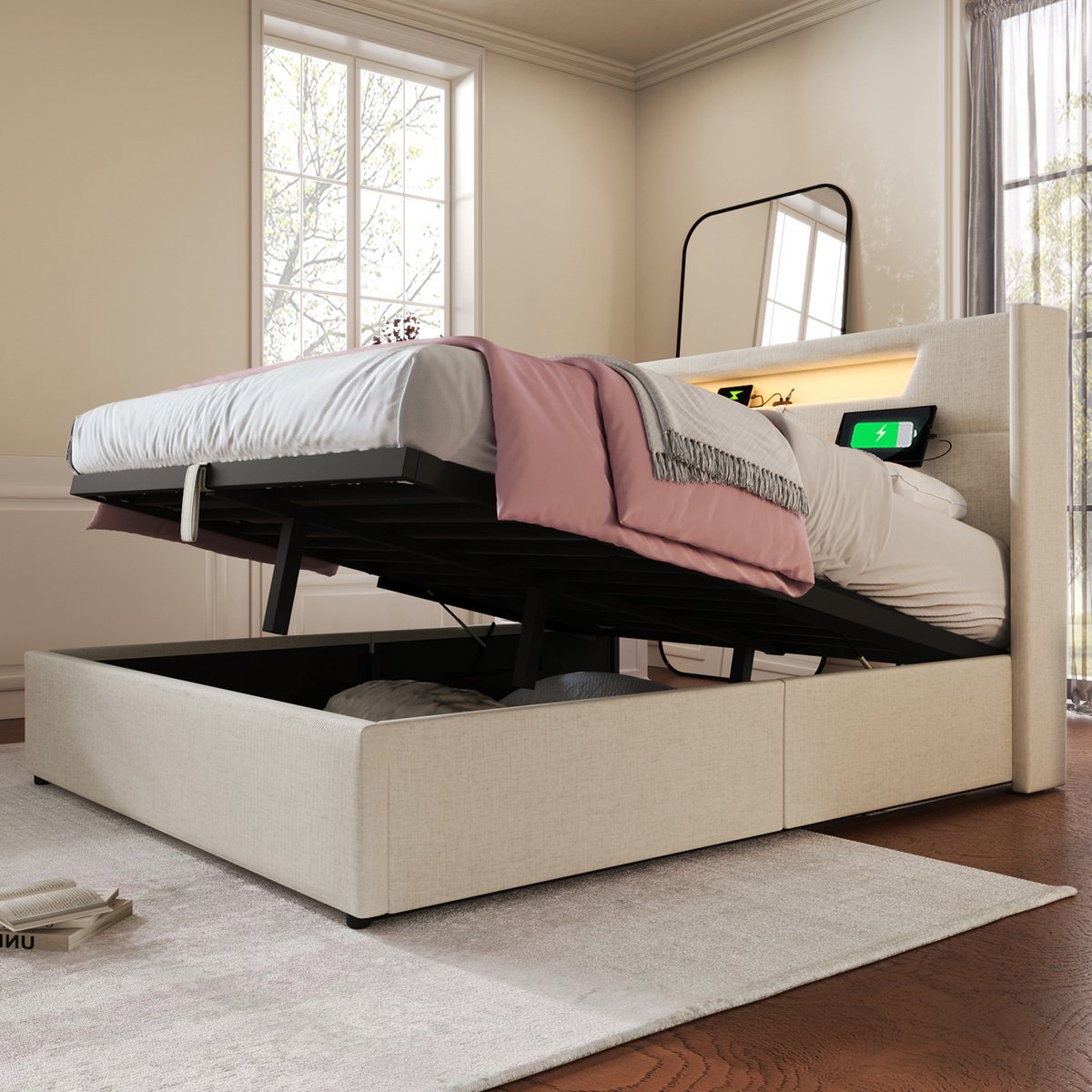 WUVRIE Opbergbed 160x200 cm met LED, USB en USB-C, lattenbodem en stoffen bekleding, beige