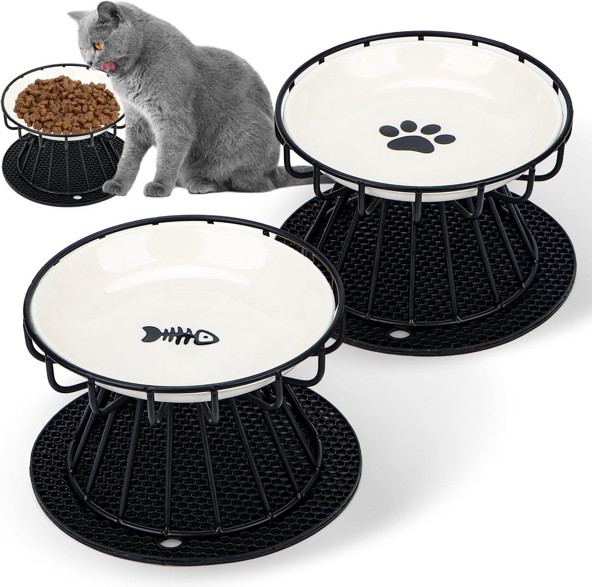 Kattenbak, verhoogde kattenvoerbak, keramische kattenbak met metalen standaard en siliconen bakmat, snor-vriendelijk anti-overgegeven kattenbord, vaatwasmachinebestendig