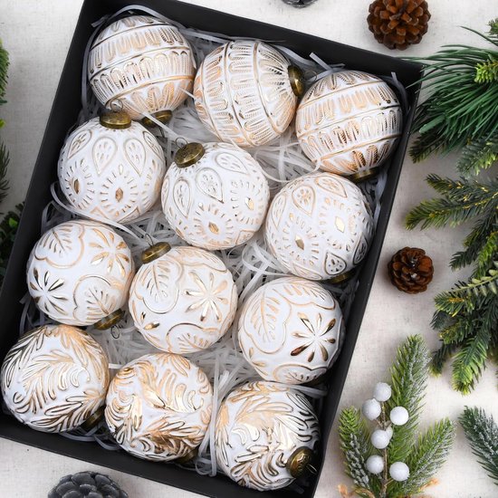 Vintage kerstornamenten voor de boom – Rustieke kerstballen in goud en wit voor kerstdecoratie binnenshuis – 80 mm - set van 12