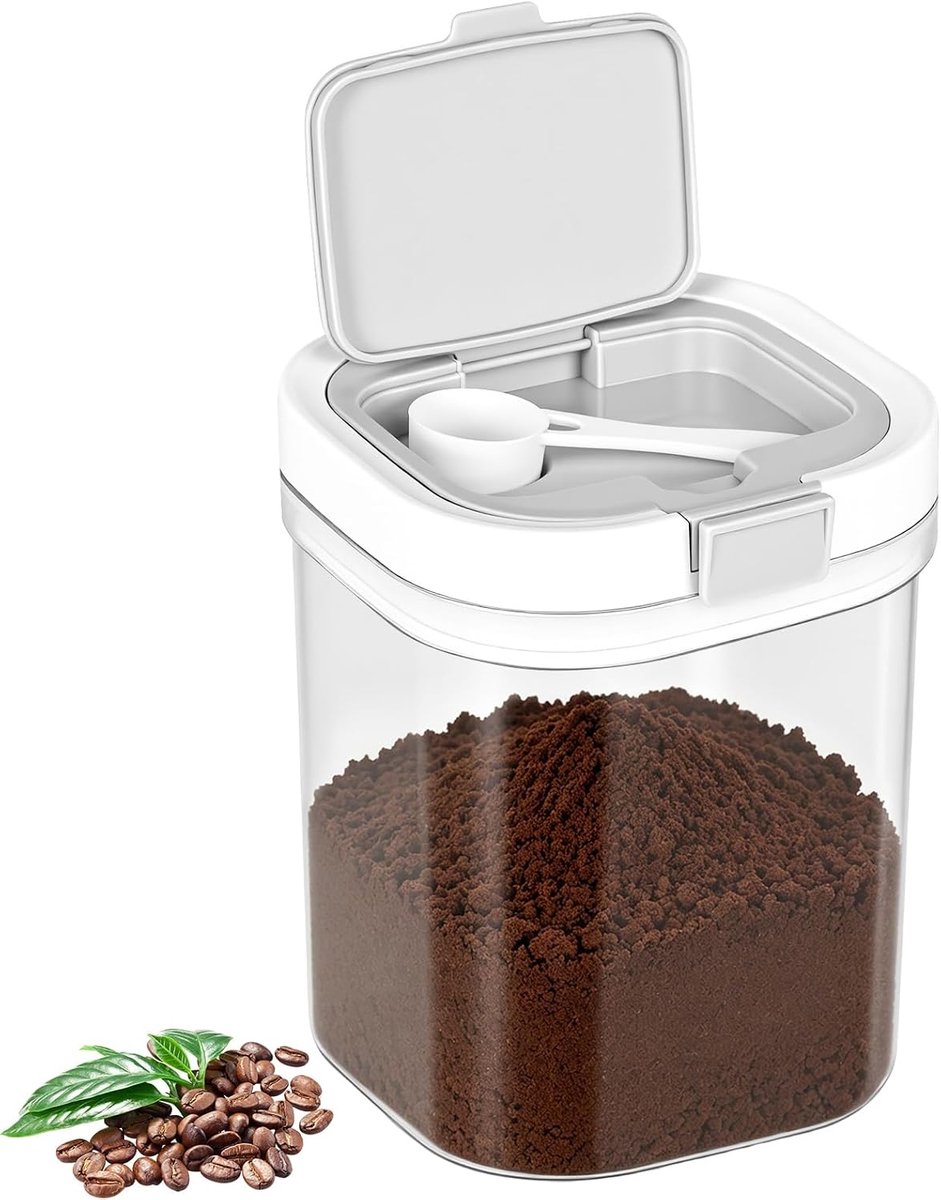 Koffiebus 1300 ml, koffiebonencontainer met luchtdicht deksel en lepel, kunststof voedselopslagcontainer, koffiebonen, opslag van koffiebonen, koffiecontainer voor malen, bonen, thee en granen
