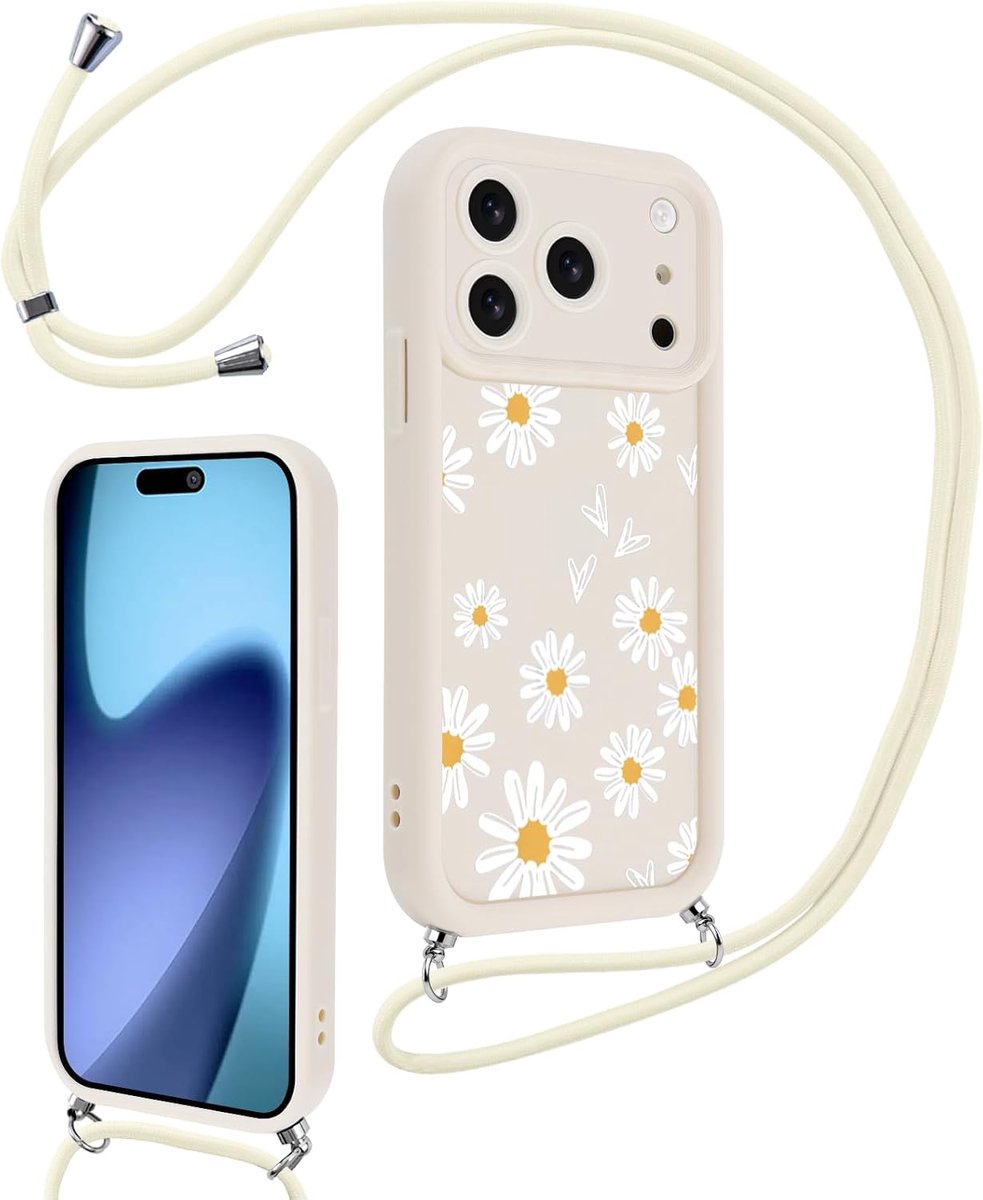 Beschermhoesje voor iPhone 17 Pro 6,3 inch (16,3 cm), bloemenpatroon, om je nek te hangen, ketting, hoes, zachte TPU-siliconen, schokbestendig, beschermhoes voor iPhone 17 Pro