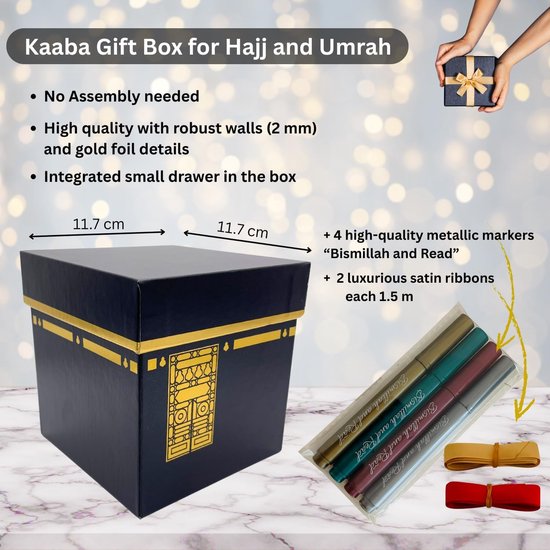 And Hajj Kaaba geschenkdoos voor Hajj en Umrah, met 2 satijnen cadeaulinten en 4 metallic markers — afbeelding 2
