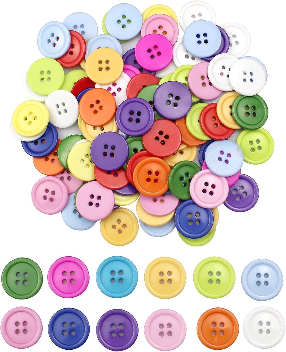 Knopen, ronde knopen, meerkleurig, 4 gaten, knopen voor kleding, naaien, handwerk, ornamenten en knutselen, handgemaakt ornament, 20 mm, het aantal kleuren is willekeurig