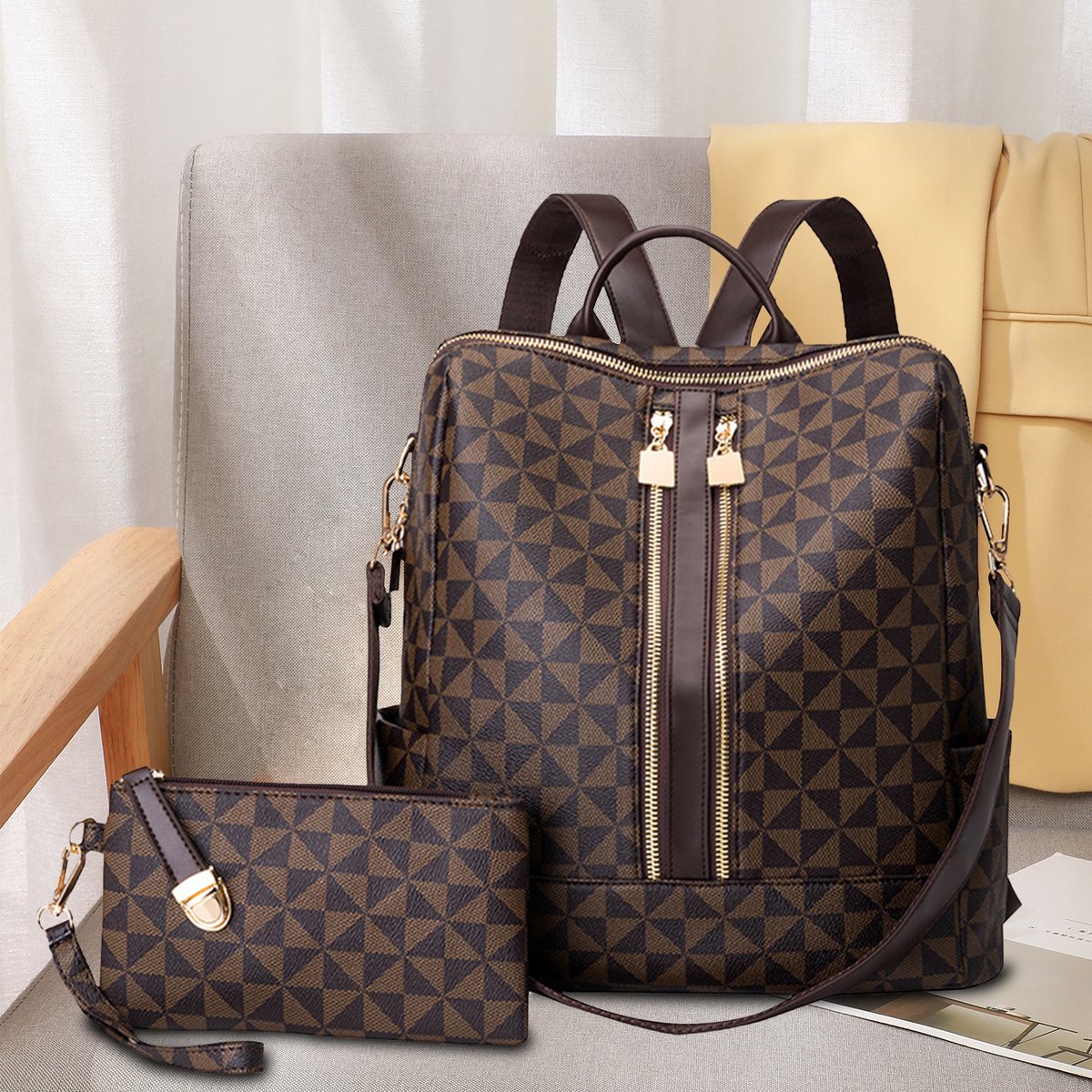CHICFURN grote dames rugzak met kleine handtas voor reizen en dagelijks gebruik, geschikt voor werk, winkelen en onderweg, stijlvolle PU tas set in koffie kleur met verstelbare riemen, praktische opbergruimte en bijpassende accessoires voor vrouwen