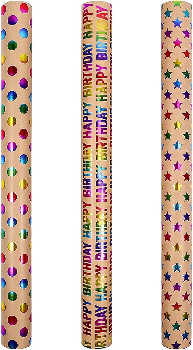 Cadeaupapier Verjaardag 3 Rollen 43 cm × 300 cm, Recyclebaar Kraftpapier Bruin Met Glans, Geschikt voor Volwassenen en Kinderen, Ideaal voor Verjaardag, Feest, Bruiloft en Festival (3)