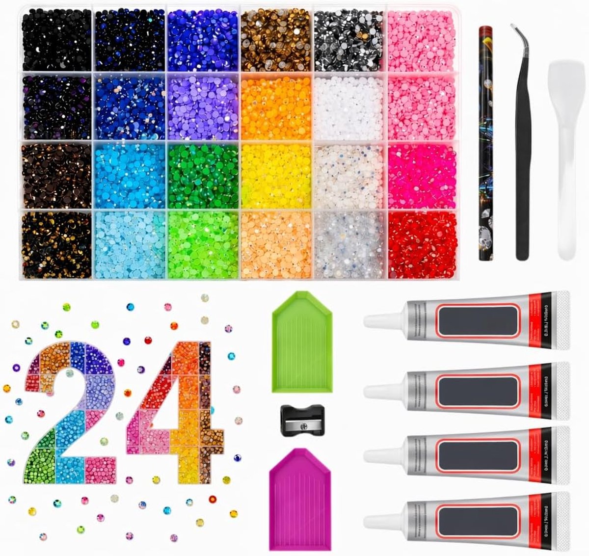 Bedazzling Kit, 24 kleuren, 3mm strass steentjes