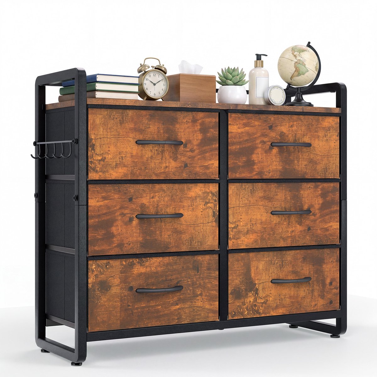 Hokeeper Ladekast met 6 Stoffen Lades – Opbergkast met Houten Bovenblad – Smalle Ladenkast – Dressoir – Kast met Lades voor Slaapkamer. Woonkamer. Hal en Entree – Vintage Bruin – 78.5 x 28 x 69.7 cm Retro-bruin