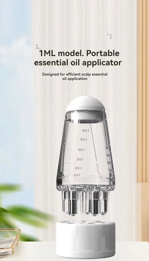 Transparante applicator met schaalverdeling van 1ml tot 6ml op een witte basis.