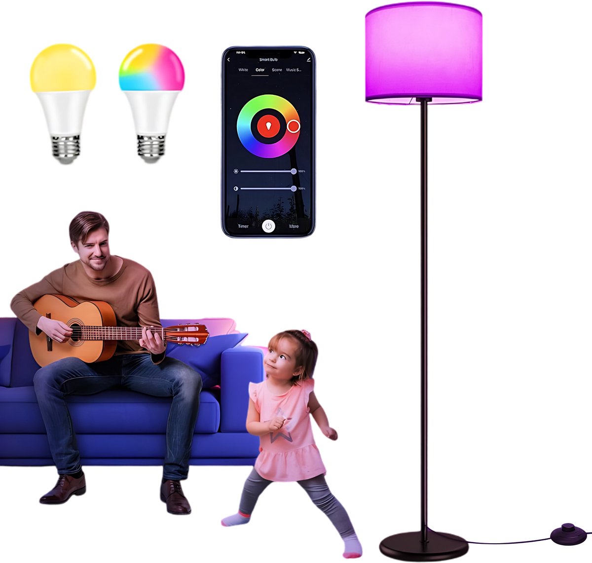 Slimme Vloerlamp WiFi - RGB Vloerlamp - Linnen Kap - 144x34x34cm - App & Spraakbediening - 2700-6500K - RGB 16M - 1%-100% Dimmen - Muziekritme - E27 - Timer - Sfeerverlichting - Voor Woonkamer & Slaapkamer & Gamekamer