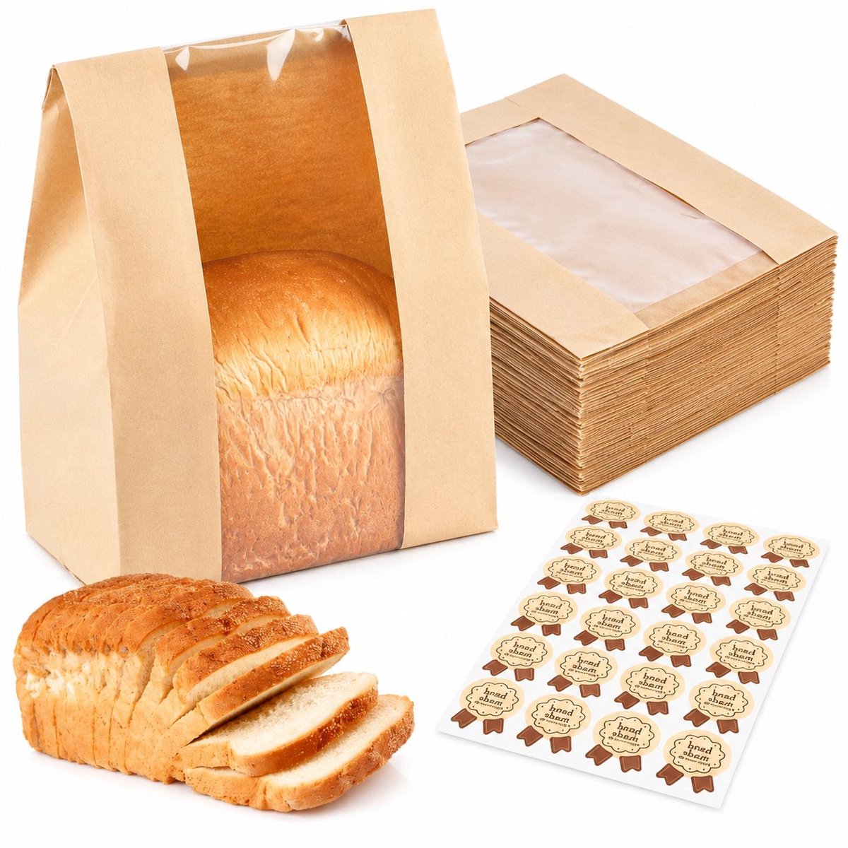 VHV - Herbruikbare broodzakken - 50 stuks - Groot en draagbaar - Herbruikbare broodzak - Met 50 broodstickers - 21 cm - voor voedselopslag