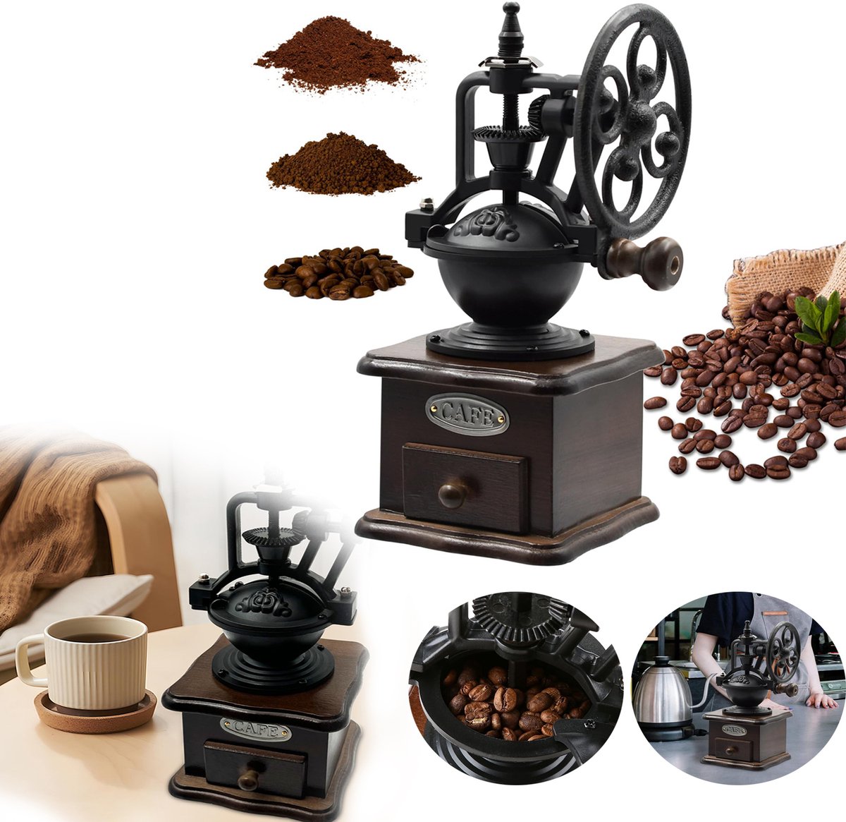 Handmatige Koffiemolen, Houten Handkoffiemolen, Antieke Koffiemolen, Voor Gebruik Thuis, op Kantoor Of Onderweg.
