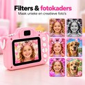 Roze camera met voorbeelden van fotofilters en kaders met hartjes, bloemen en konijnenoren.