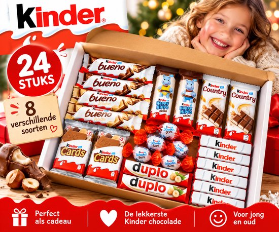 Kinder chocoladepakket met 24 stuks in diverse soorten, inclusief vrolijk meisje en cadeau-tekst.